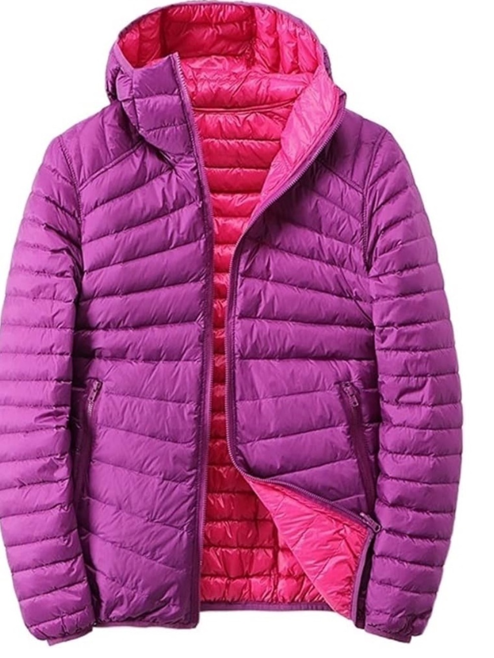 Point Zero Women's Large Reversible Packable Puffer Hoodie Light Jacket Burgundy